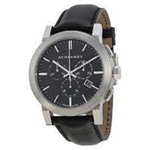 burberry the city swiss luxury men unisex women 42mm round stainless steel chronograph watch black leather band black date dial bu9356