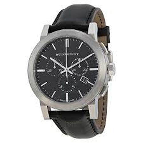 Burberry The City Swiss Luxury Men Unisex Women 42mm Round Stainless Steel Chronograph Watch Black Leather Band Black Date Dial BU9356