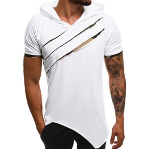 Men's Hooded Shirts Casual Patchwork Slim Summer Short Sleeve Irregular Hem T Shirt Tops Blouse (L, White)