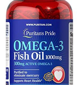 Omega-3 Fish Oil 1000 mg (300 mg Active Omega-3), Supports Heart and Joint Health, 250 Count by Puritan's Pride