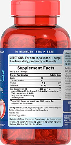 Omega-3 Fish Oil 1000 mg (300 mg Active Omega-3), Supports Heart and Joint Health, 250 Count by Puritan's Pride