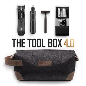 manscaped® the tool box 4.0 contains: the lawn mower™ 4.0 electric trimmer, the weed whacker™ 1.0 nose and ear hair trimmer, the plow™ 2.0, the shears™ four piece nail kit, the shed™ toiletry bag