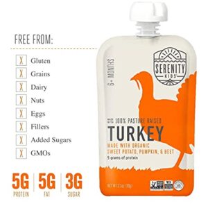 Serenity Kids 6+ Months Baby Food Pouches Puree Made With Ethically Sourced Meats & Organic Veggies | 3.5 Ounce BPA-Free Pouch | Pasture Raised Turkey, Sweet Potato, Pumpkin, Beet | 6 Count