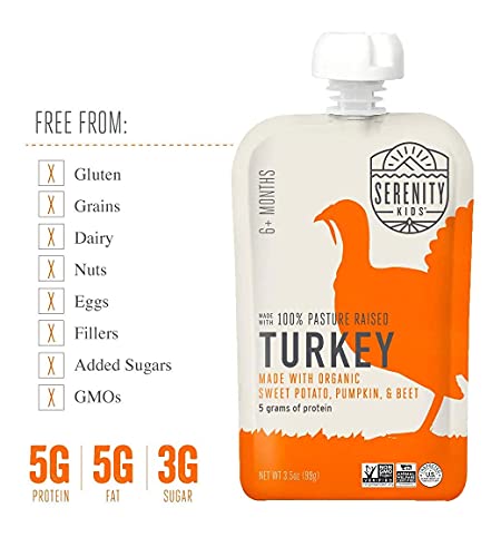 Serenity Kids 6+ Months Baby Food Pouches Puree Made With Ethically Sourced Meats & Organic Veggies | 3.5 Ounce BPA-Free Pouch | Pasture Raised Turkey, Sweet Potato, Pumpkin, Beet | 6 Count