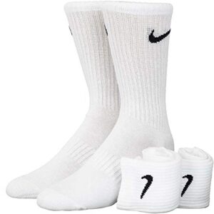 Nike Everyday Cushion Crew Training Socks, Unisex Socks with Sweat-Wicking Technology and Impact Cushioning (3 Pair), White/Black,Medium