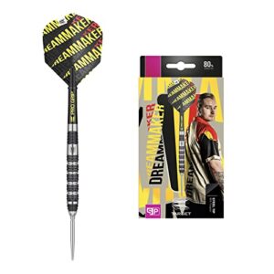 target darts dimitri van den bergh dream maker 26g 80% tungsten swiss point steel tip darts set, black, yellow and red (dimi80% steel)
