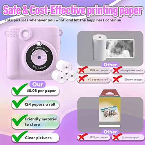 ESOXOFFORE Instant Print Camera for Kids, Christmas Birthday Gifts for Girls Boys Age 3-12, HD Digital Video Cameras for Toddler, Portable Toy for 4 5 6 7 8 9 10 Year Old Girl with 32GB SD Card-Purple