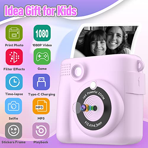 ESOXOFFORE Instant Print Camera for Kids, Christmas Birthday Gifts for Girls Boys Age 3-12, HD Digital Video Cameras for Toddler, Portable Toy for 4 5 6 7 8 9 10 Year Old Girl with 32GB SD Card-Purple