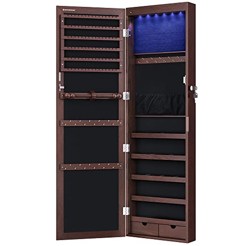 SONGMICS 6 LEDs Mirror Jewelry Cabinet Lockable 47.2" H Wall/Door Mounted Jewelry Armoire Organizer, 2 Drawers, Dark Brown UJJC93K