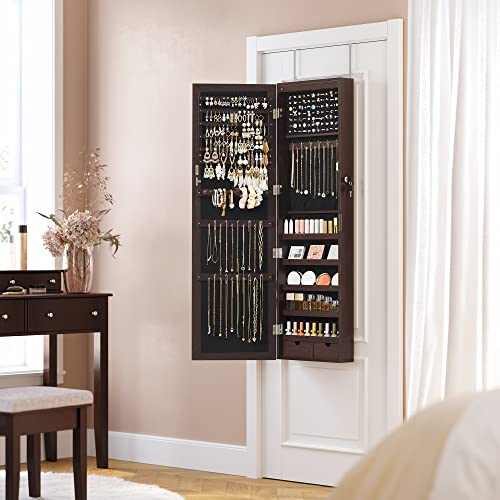 SONGMICS 6 LEDs Mirror Jewelry Cabinet Lockable 47.2" H Wall/Door Mounted Jewelry Armoire Organizer, 2 Drawers, Dark Brown UJJC93K