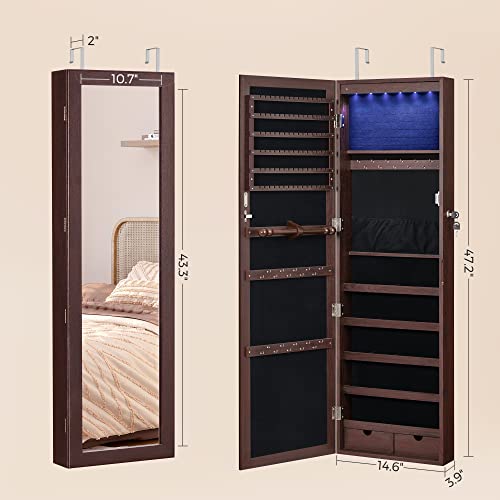 SONGMICS 6 LEDs Mirror Jewelry Cabinet Lockable 47.2" H Wall/Door Mounted Jewelry Armoire Organizer, 2 Drawers, Dark Brown UJJC93K