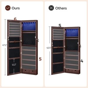 SONGMICS 6 LEDs Mirror Jewelry Cabinet Lockable 47.2" H Wall/Door Mounted Jewelry Armoire Organizer, 2 Drawers, Dark Brown UJJC93K