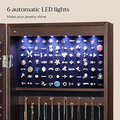 SONGMICS 6 LEDs Mirror Jewelry Cabinet Lockable 47.2" H Wall/Door Mounted Jewelry Armoire Organizer, 2 Drawers, Dark Brown UJJC93K