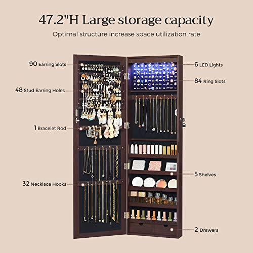 SONGMICS 6 LEDs Mirror Jewelry Cabinet Lockable 47.2" H Wall/Door Mounted Jewelry Armoire Organizer, 2 Drawers, Dark Brown UJJC93K