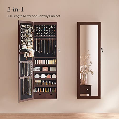 SONGMICS 6 LEDs Mirror Jewelry Cabinet Lockable 47.2" H Wall/Door Mounted Jewelry Armoire Organizer, 2 Drawers, Dark Brown UJJC93K