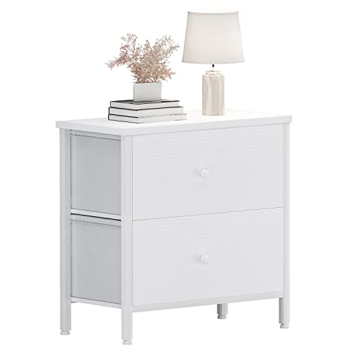 BOLUO White Nightstand 2 Drawer Dresser for Bedroom,Small Night Stand and Dressers Sets End Table with Fabric Drawers Modern