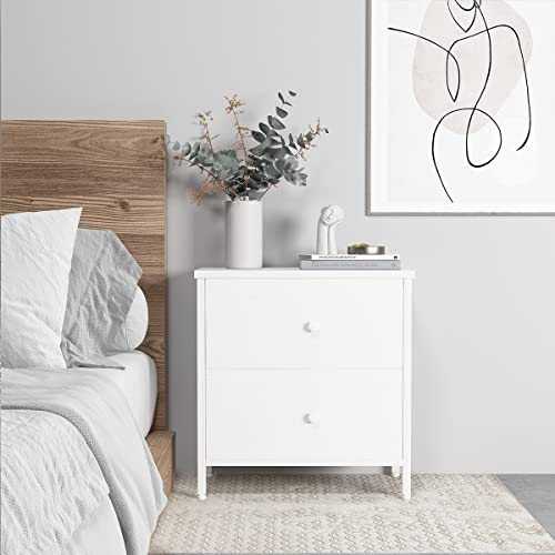 BOLUO White Nightstand 2 Drawer Dresser for Bedroom,Small Night Stand and Dressers Sets End Table with Fabric Drawers Modern