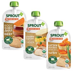 sprout organic baby food, stage 3 pouches, root veg & beef, creamy veg & chicken, garden veg & turkey variety pack, 4 oz purees (pack of 18)