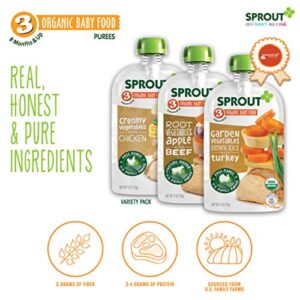 Sprout Organic Baby Food, Stage 3 Pouches, Root Veg & Beef, Creamy Veg & Chicken, Garden Veg & Turkey Variety Pack, 4 Oz Purees (Pack of 18)