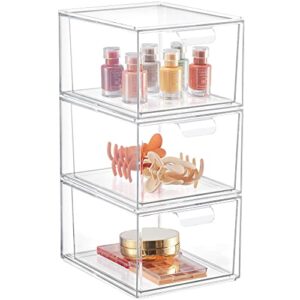 syntus 3 piece set stackable makeup organizer drawers, 4.4” tall bathroom storage drawer, large capacity plastic cosmetics storage box for vanity, kitchen cabinets, pantry organization