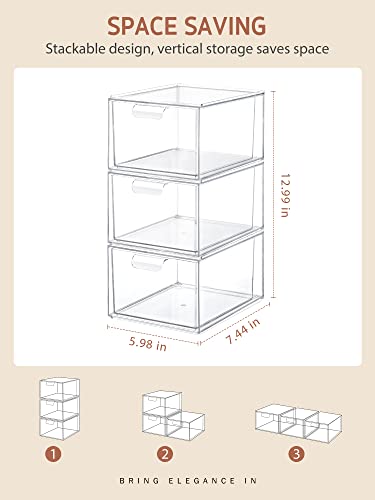 Syntus 3 Piece Set Stackable Makeup Organizer Drawers, 4.4'' Tall Bathroom Storage Drawer, Large Capacity Plastic Cosmetics Storage Box for Vanity, Kitchen Cabinets, Pantry Organization