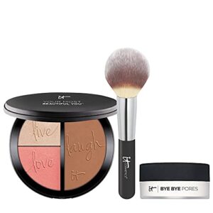 it cosmetics instant vitality makeup set – includes bye bye pores pressed setting powder + bronzer, luminizer & blush palette + wand ball powder brush – visibly reduces fine lines & wrinkles
