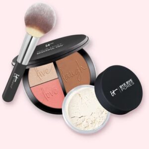 IT Cosmetics Instant Vitality Makeup Set - Includes Bye Bye Pores Pressed Setting Powder + Bronzer, Luminizer & Blush Palette + Wand Ball Powder Brush - Visibly Reduces Fine Lines & Wrinkles