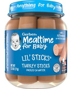 gerber mealtime for baby lil’ stick, turkey sticks, packed in water, baby led friendly, for crawlers 10 months & up, 2.5-ounce glass jar (pack of 10 jars)