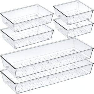 6 Pack Clear Plastic Drawer Organizer Set, Acrylic Non Slip Non Cracking Kitchen Drawer Storage Tray Large Size Divider, Multifunctional Storage for Cosmetics, Bathroom, Tools, Kitchen and Office