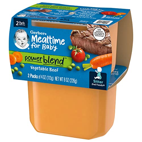 Gerber Mealtime for Baby 2nd Foods Power Blend Baby Food Tubs, Vegetable Beef, Nourishing Blend of Veggies, Grains & Beef, Pureed Baby Food, 2 - 4 Ounce Tubs/Pack (Pack of 4)