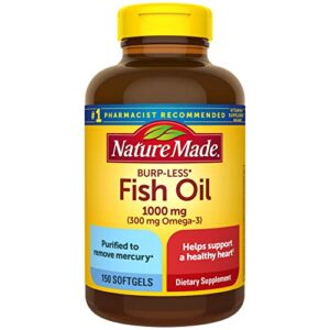 nature made burp less fish oil 1000 mg softgels, fish oil supplements, omega 3 fish oil for healthy heart support, omega 3 supplement with 150 softgels, 75 day supply