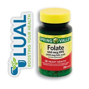 spring valley folate 666 mcg dfe (400 mg folic acid) essential b vitamin for heart health, energy metabolism, and prenatal support – 250 count plus a luall fridge magnetic