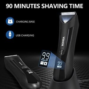 ROMISA Electric Groin Body Hair Trimmer Ball Trimmer for Men USB Recharge Dock Cordless Use Fully Waterproof Replaceable Ceramic Blade Pubic Hair Trimmer Body Groomer Kit for Men