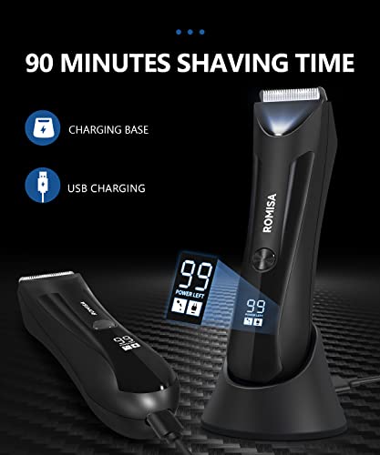 ROMISA Electric Groin Body Hair Trimmer Ball Trimmer for Men USB Recharge Dock Cordless Use Fully Waterproof Replaceable Ceramic Blade Pubic Hair Trimmer Body Groomer Kit for Men