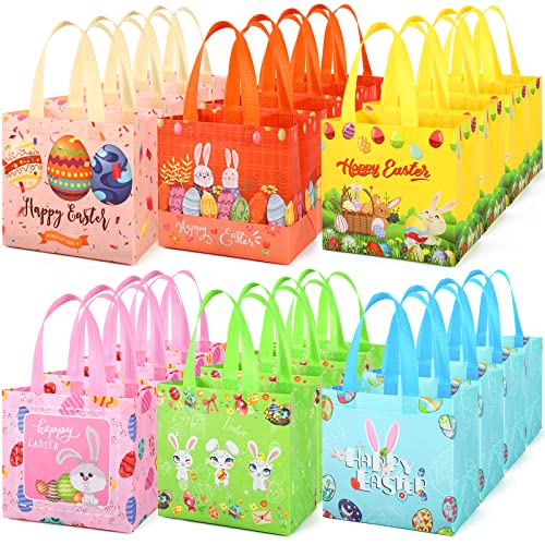 YANGTE 24Pcs Easter Bags Kid Easter Baskets with Handle, Reusable Gift Bags Easter Tote Bag Bulk Non Woven Goodie Bags Party Bags for Easter Egg Hunt Holiday Party Supplies