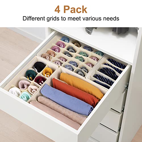 StorMiracle Drawer Organizer Divider, Foldable Closet Storage Organizer Basket, and Fabric Organization Bins for Clothes, Socks, Underwear, Bras, Ties, Accessories, 4 Pcs (Beige & Dark Grey)