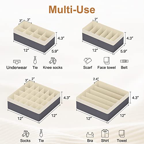 StorMiracle Drawer Organizer Divider, Foldable Closet Storage Organizer Basket, and Fabric Organization Bins for Clothes, Socks, Underwear, Bras, Ties, Accessories, 4 Pcs (Beige & Dark Grey)