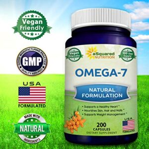 Purified Omega 7 Fatty Acids - 200 Capsules - from Natural Sea Buckthorn, XL Vitamin Supplement, No Fish Burp, Vegan Omega-7 Palmitoleic Acid, Compare to Omega 3 6 9 for Complete Weight Loss Results