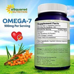 Purified Omega 7 Fatty Acids - 200 Capsules - from Natural Sea Buckthorn, XL Vitamin Supplement, No Fish Burp, Vegan Omega-7 Palmitoleic Acid, Compare to Omega 3 6 9 for Complete Weight Loss Results