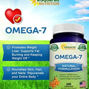 Purified Omega 7 Fatty Acids - 200 Capsules - from Natural Sea Buckthorn, XL Vitamin Supplement, No Fish Burp, Vegan Omega-7 Palmitoleic Acid, Compare to Omega 3 6 9 for Complete Weight Loss Results