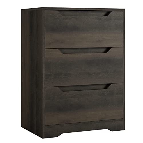 HOSTACK Modern 3 Drawer Dresser, Wood Chest of Drawers with Storage, Tall Nightstand with Cut-Out Handles, Side End Table, Accent Storage Cabinet for Living Room, Bedroom, Dark Brown