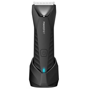 manspot electric groin hair trimmer, ball trimmer/shaver, replaceable ceramic blade heads, waterproof for wet/dry use, standing recharge dock, 90 minutes shaving after fully charged( metallic black)