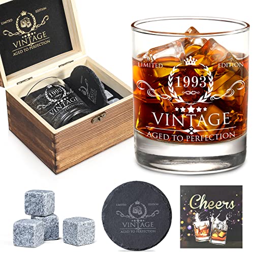 30th Birthday Gifts for Men Whiskey Glass Set - 30th Birthday Decorations, Party Supplies - 30 Year Anniversary, Bday Gifts Ideas for Him, Dad, Husband, Friends - Wood Box & Whiskey Stones & Coaster