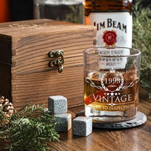 30th Birthday Gifts for Men Whiskey Glass Set - 30th Birthday Decorations, Party Supplies - 30 Year Anniversary, Bday Gifts Ideas for Him, Dad, Husband, Friends - Wood Box & Whiskey Stones & Coaster