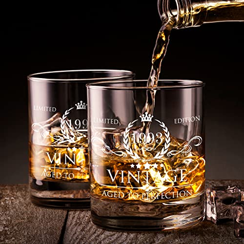 30th Birthday Gifts for Men Whiskey Glass Set - 30th Birthday Decorations, Party Supplies - 30 Year Anniversary, Bday Gifts Ideas for Him, Dad, Husband, Friends - Wood Box & Whiskey Stones & Coaster