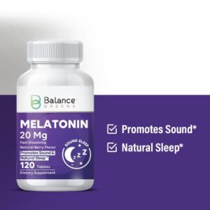 Melatonin 20mg Fast-Dissolve 120 Tablets - Natural Berry Flavor, Non-Habit Forming - Fall Asleep Faster, Stay Asleep Longer, Natural Sleep Aid - Non-GMO, Gluten-Free, Vegan Tablets by Balance Breens