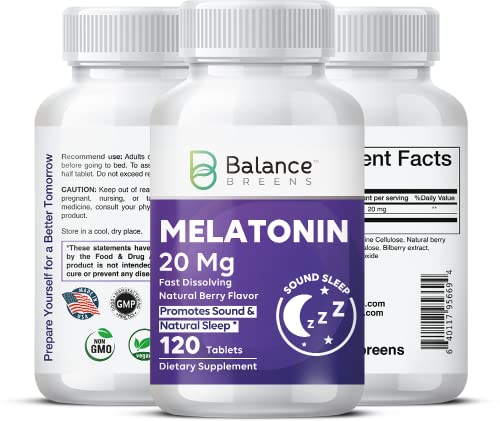 Melatonin 20mg Fast-Dissolve 120 Tablets - Natural Berry Flavor, Non-Habit Forming - Fall Asleep Faster, Stay Asleep Longer, Natural Sleep Aid - Non-GMO, Gluten-Free, Vegan Tablets by Balance Breens