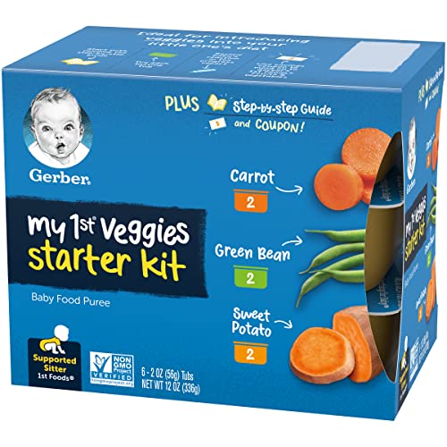 Gerber 1st Foods My First Veggies Starter Kit, 2 Carrot, 2 Green Bean, 2 Sweet Potato, Non-GMO Baby Food Puree Tubs, 6 CT Baby Food Tubs Per Pack (Pack of 4)