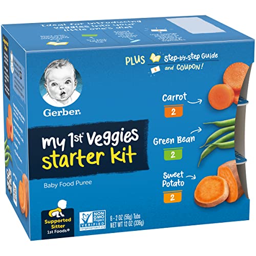 Gerber 1st Foods My First Veggies Starter Kit, 2 Carrot, 2 Green Bean, 2 Sweet Potato, Non-GMO Baby Food Puree Tubs, 6 CT Baby Food Tubs Per Pack (Pack of 4)