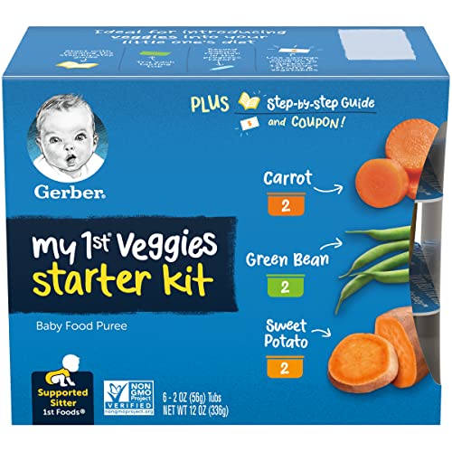 Gerber 1st Foods My First Veggies Starter Kit, 2 Carrot, 2 Green Bean, 2 Sweet Potato, Non-GMO Baby Food Puree Tubs, 6 CT Baby Food Tubs Per Pack (Pack of 4)